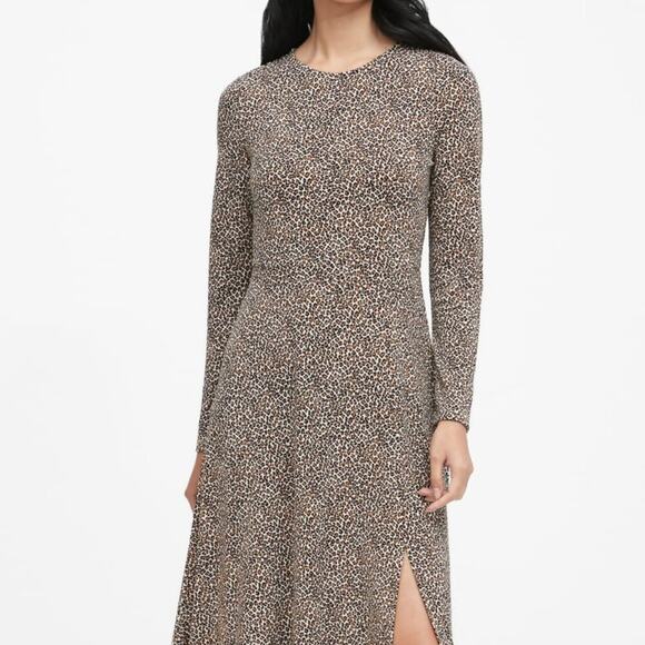 Banana Republic Fit & Flare Midi Leopard Print Dress Size S Long Sleeve - Picture 2 of 8